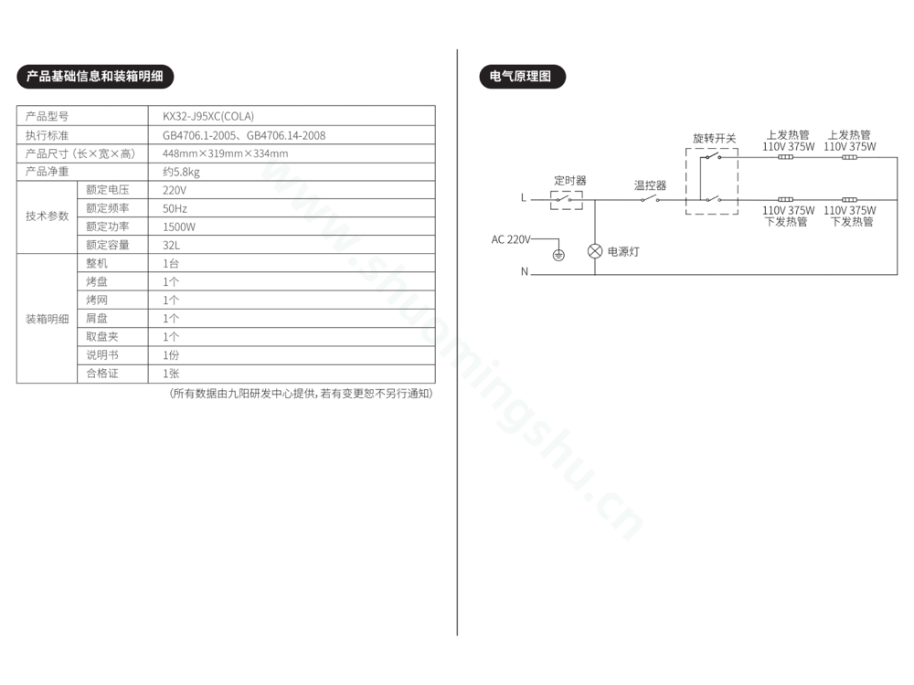 九阳电烤箱KX32-J95XC(COLA)说明书第5页